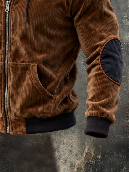 Men's Vintage Corduroy Plaid Fake Two-Piece Hooded Jacket
