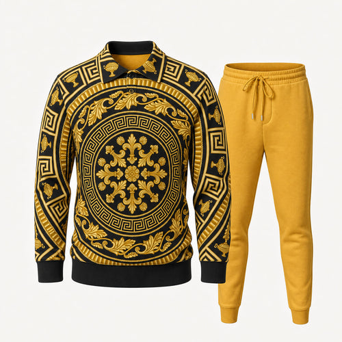 Men's Two-Piece Set: Polo Shirt and Pants with Interlocking Pattern Print
