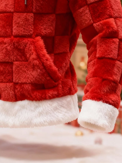 Men's 3D Textured Warm Plush Color-Blocked Christmas Hooded Sweatshirt