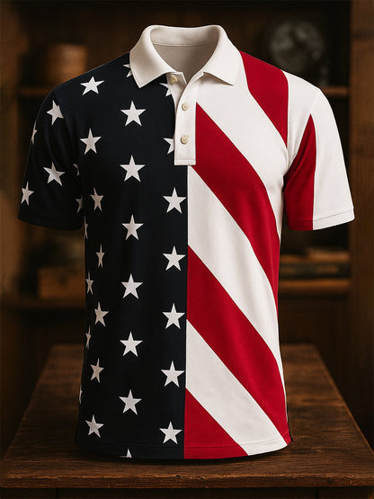 Men's Business Casual Independence Day Button Short Sleeve Polo Shirt