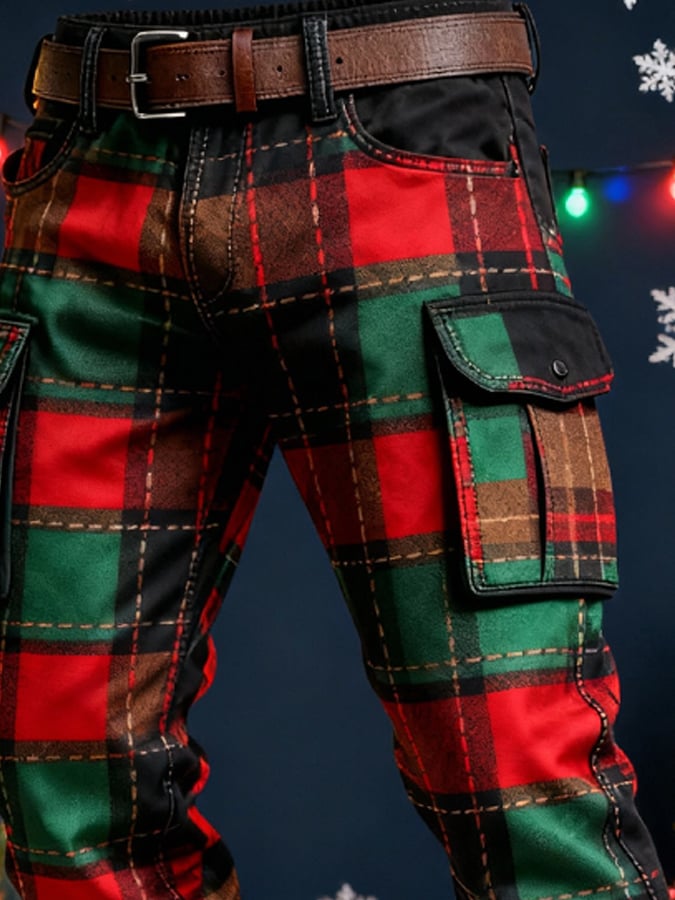 Men's plaid pocket Christmas cargo pants