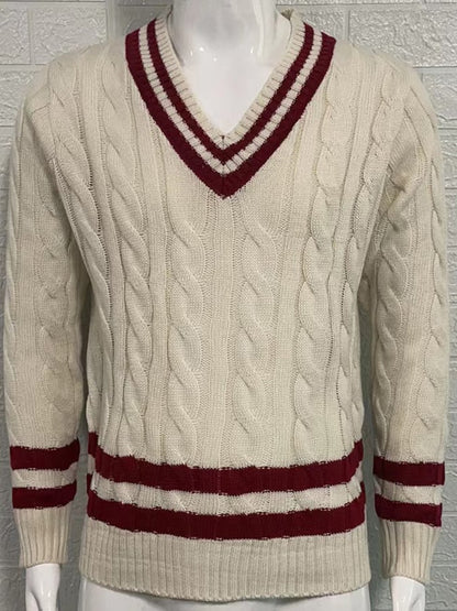Men's Casual Striped Contrast V-Neck Cable Knit Sweater