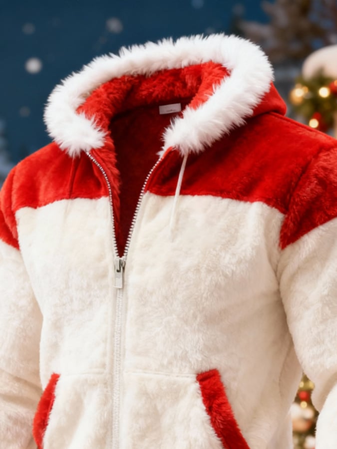 Men'S Plush Warm Color-Blocked Christmas Hooded Sweatshirt