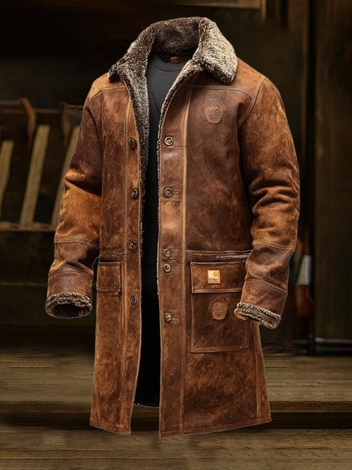 Men's Vintage Distressed Suede and Lambskin Long Coat