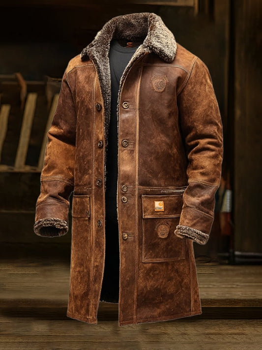 Men's Vintage Distressed Suede and Lambskin Long Coat