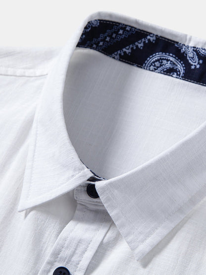 Contrast Paisley Print Linen Look Shirt