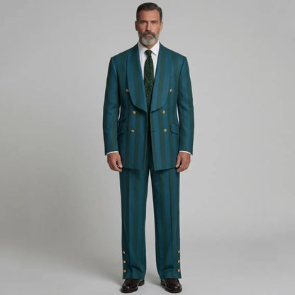 Men's Teal Contrast Striped Print Double-Breasted Shawl Lapel Party Blazer