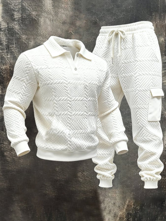 Men'S Fashionable Jacquard Texture Lapel Polo Casual Sweatshirt Suit
