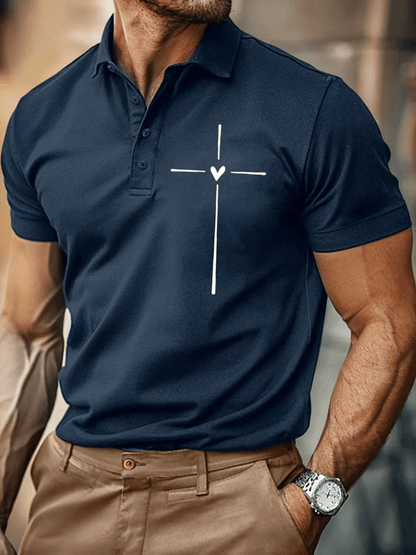 Men's Retro Faith Cross Print Polo Shirt