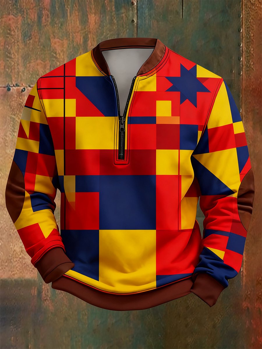 Men's Retro Bauhaus Geometric Style Print Quarter Zip Sweatshirt