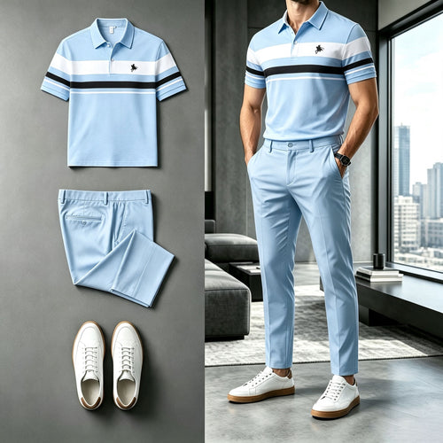 Men's Striped Short-Sleeve Polo Shirt and Pants Set
