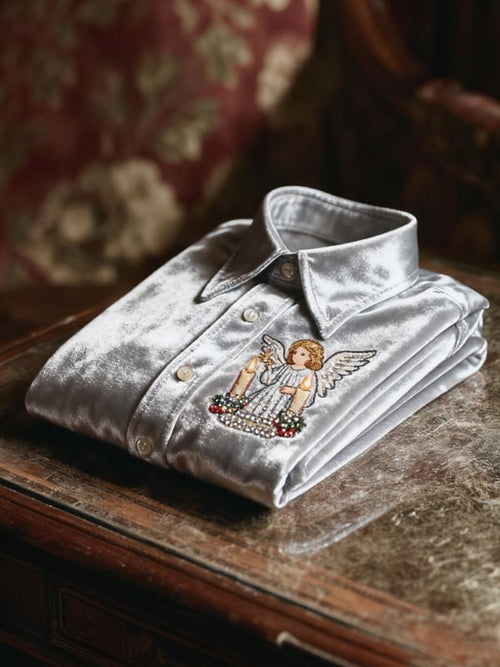 Men's Velvet Rhinestone Christmas Logo Casual Long Sleeve Shirt