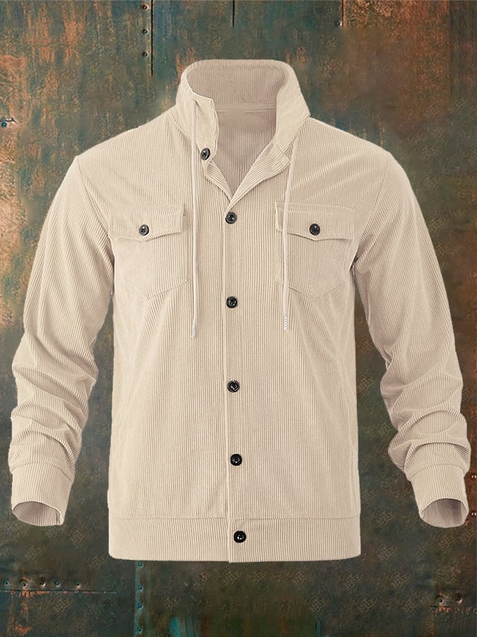 Men's Jacquard Stand Collar Solid Color Retro Multi-Pocket Jacket