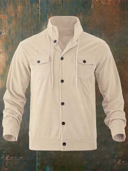 Men's Jacquard Stand Collar Solid Color Retro Multi-Pocket Jacket
