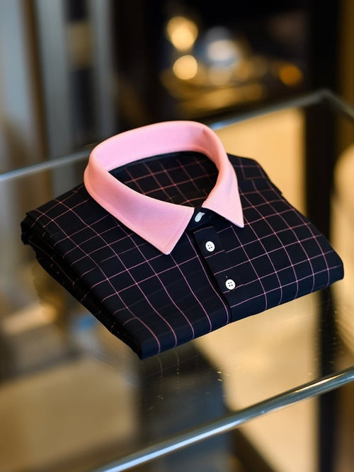 Men's Business Casual Plaid Logo Button Short Sleeve Polo Shirt