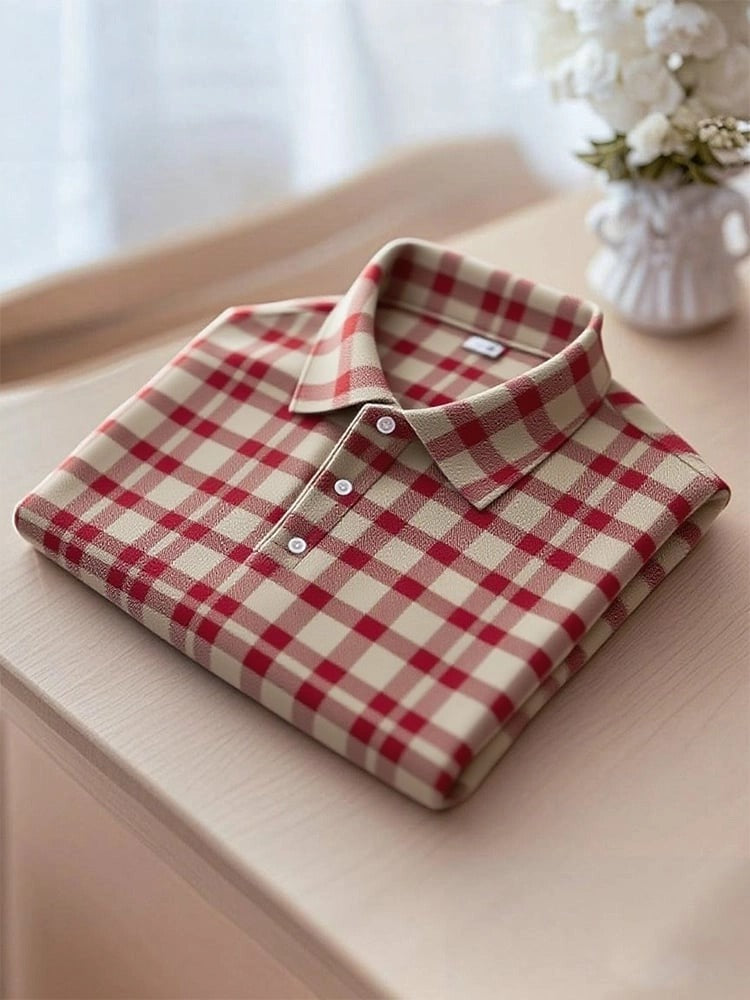 Men's Business Casual Red Khaki Plaid Button-Down Short Sleeve Polo Shirt