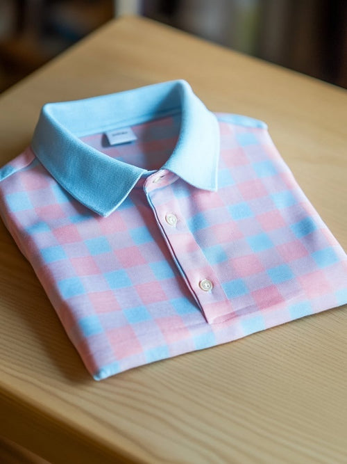 Men's Business Casual Plaid Logo Button Short Sleeve Polo Shirt
