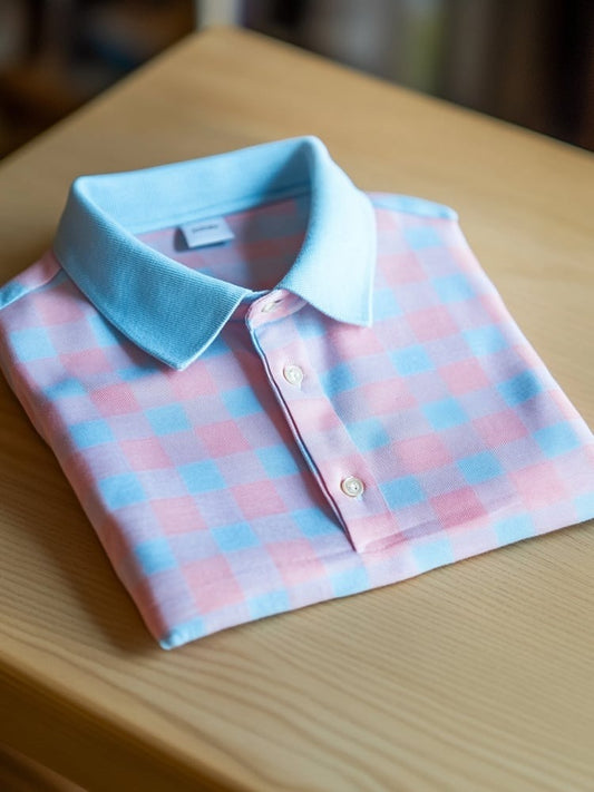 Men's Business Casual Plaid Logo Button Short Sleeve Polo Shirt