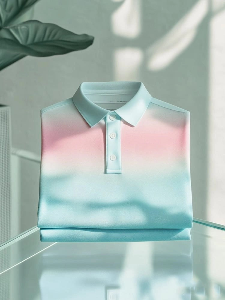 Men's Business Casual Gradient Logo Button Short Sleeve Polo Shirt