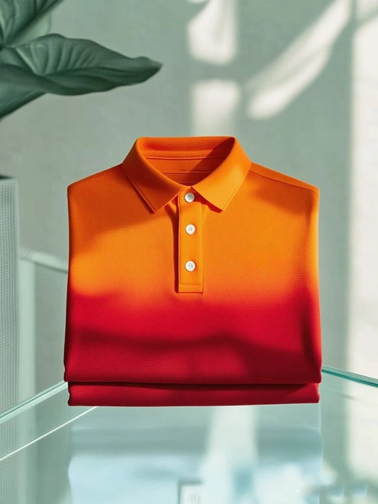 Men's Business Casual Gradient Logo Button Short Sleeve Polo Shirt