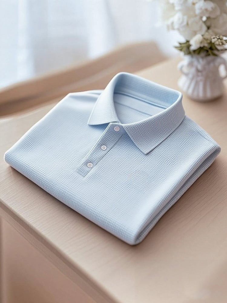 Men's Business Casual Plaid Logo Button Short Sleeve Polo Shirt