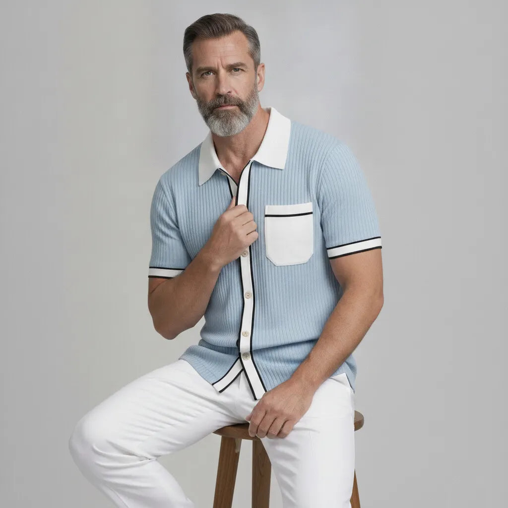 Men's Cool Blue Ribbed Knit Patch Pocket Contrast Binding Short Sleeve Shirt
