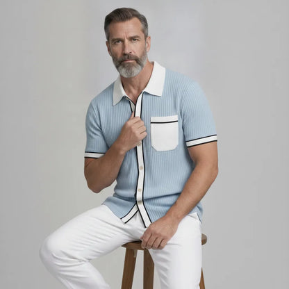Men's Cool Blue Ribbed Knit Patch Pocket Contrast Binding Short Sleeve Shirt