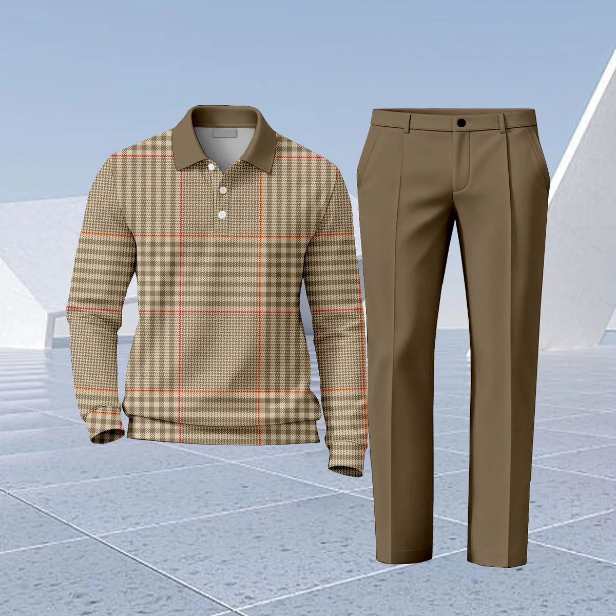Men's Checkered Print Polo Shirt and Pants Set