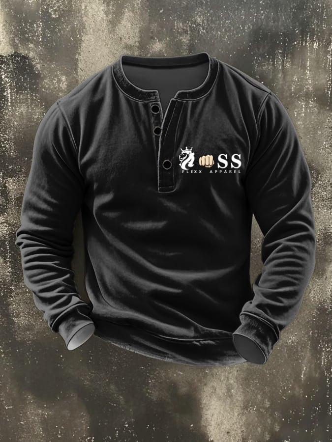 Men's Vintage Letter Design Henley Collar Sweatshirt