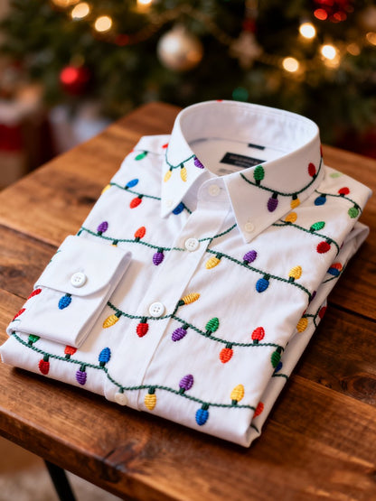 Men's Business Retro Christmas Colored Lights Printed Long Sleeve Shirt