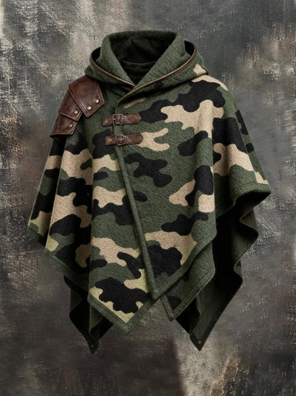 Men's Vintage Camouflage Print & Leather-Panel Wool-Blend Warm Cape/Poncho