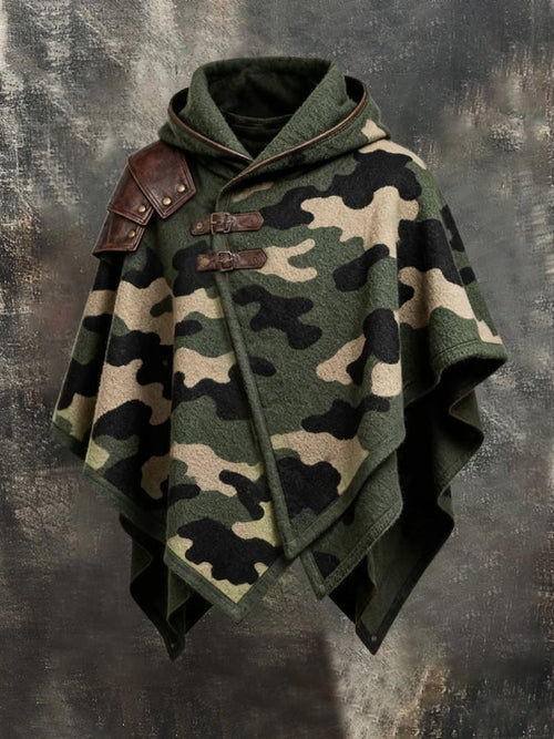Men's Vintage Camouflage Print & Leather-Panel Wool-Blend Warm Cape/Poncho