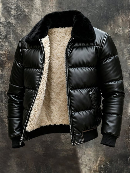 Men'S Vintage Warm Soft Leather Large Fur Collar Outdoor Jacket