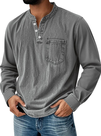Men's Vintage Basic Distressed Long Sleeve Henley Shirt