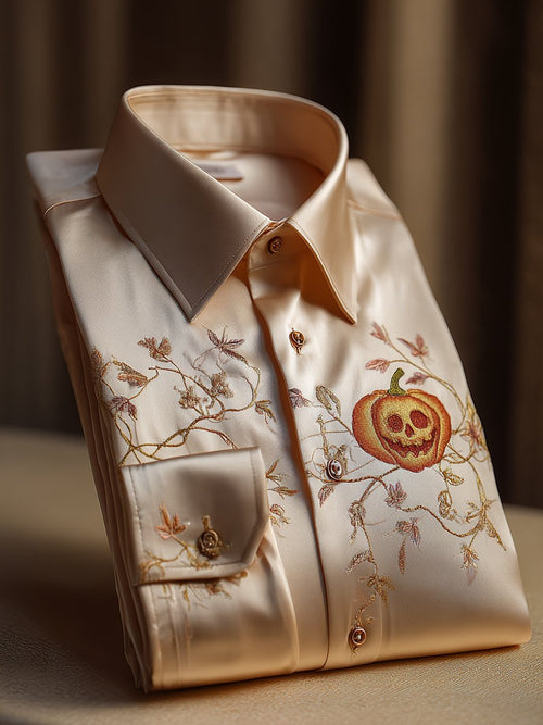 Men's Luxe Satin Halloween Pumpkin Long Sleeve Shirt