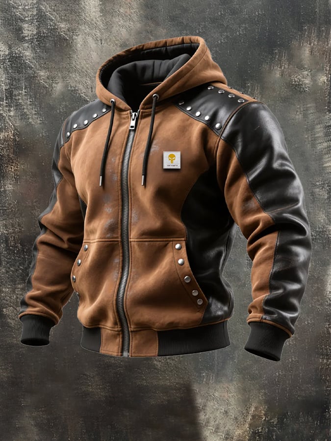 Men's Vintage Suede and Leather Hooded Insulated Jacket with Rivets