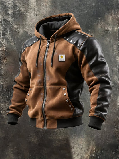 Men's Vintage Suede and Leather Hooded Insulated Jacket with Rivets