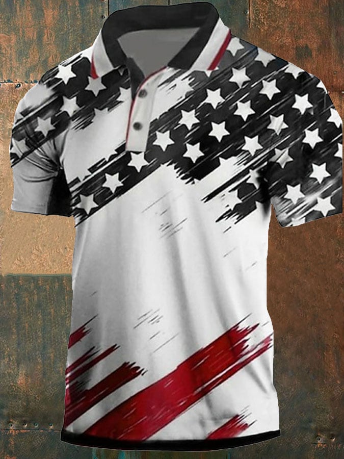 Men's Vintage American Flag Printed Casual POLO Shirt