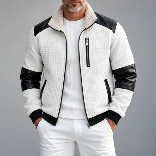 Men's Colorblock Patchwork Fleece Lined Stand Collar Quilted Zipper Bomber Jacket