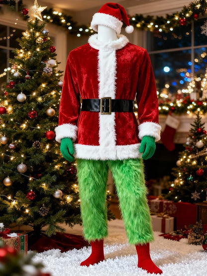 Men'S Warm Plush Patchwork Contrast Color Christmas Suit