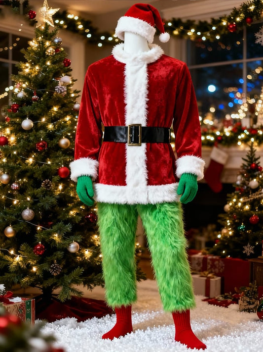 Men'S Warm Plush Patchwork Contrast Color Christmas Suit