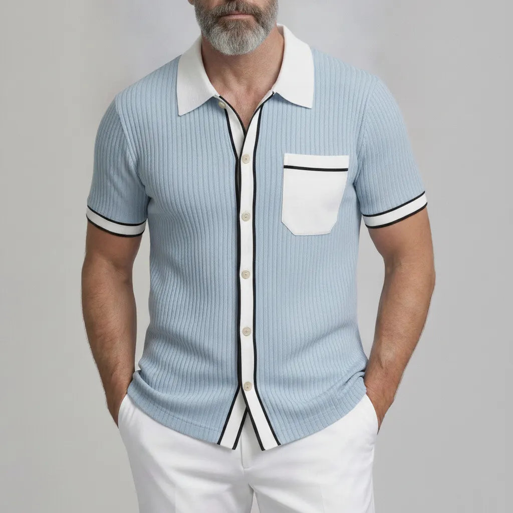 Men's Cool Blue Ribbed Knit Patch Pocket Contrast Binding Short Sleeve Shirt