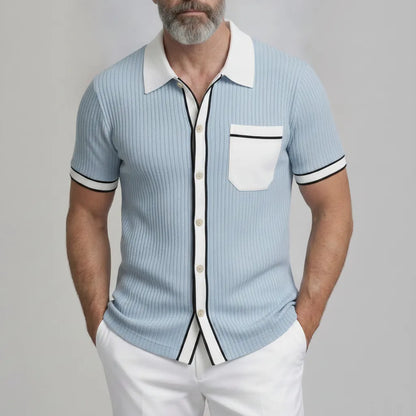 Men's Cool Blue Ribbed Knit Patch Pocket Contrast Binding Short Sleeve Shirt