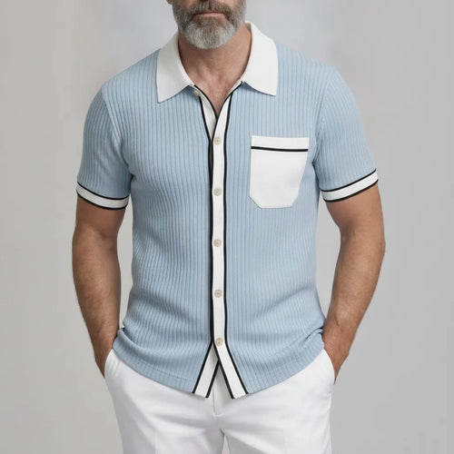 Men's Cool Blue Ribbed Knit Patch Pocket Contrast Binding Short Sleeve Shirt