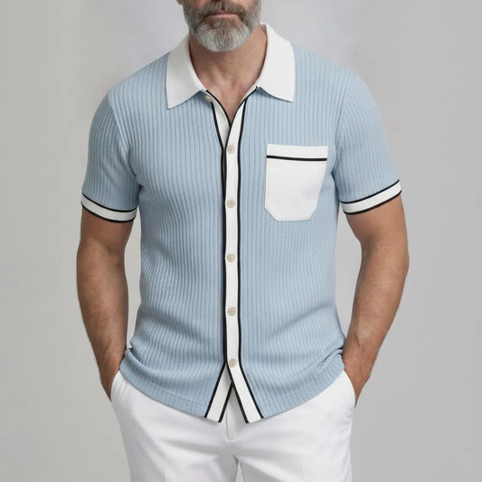 Men's Cool Blue Ribbed Knit Patch Pocket Contrast Binding Short Sleeve Shirt