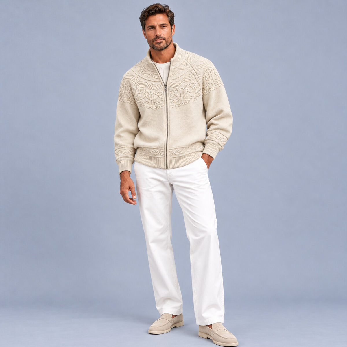 Men's Khaki Geometric Cable Knit Texture Casual Zip-Up Cardigan