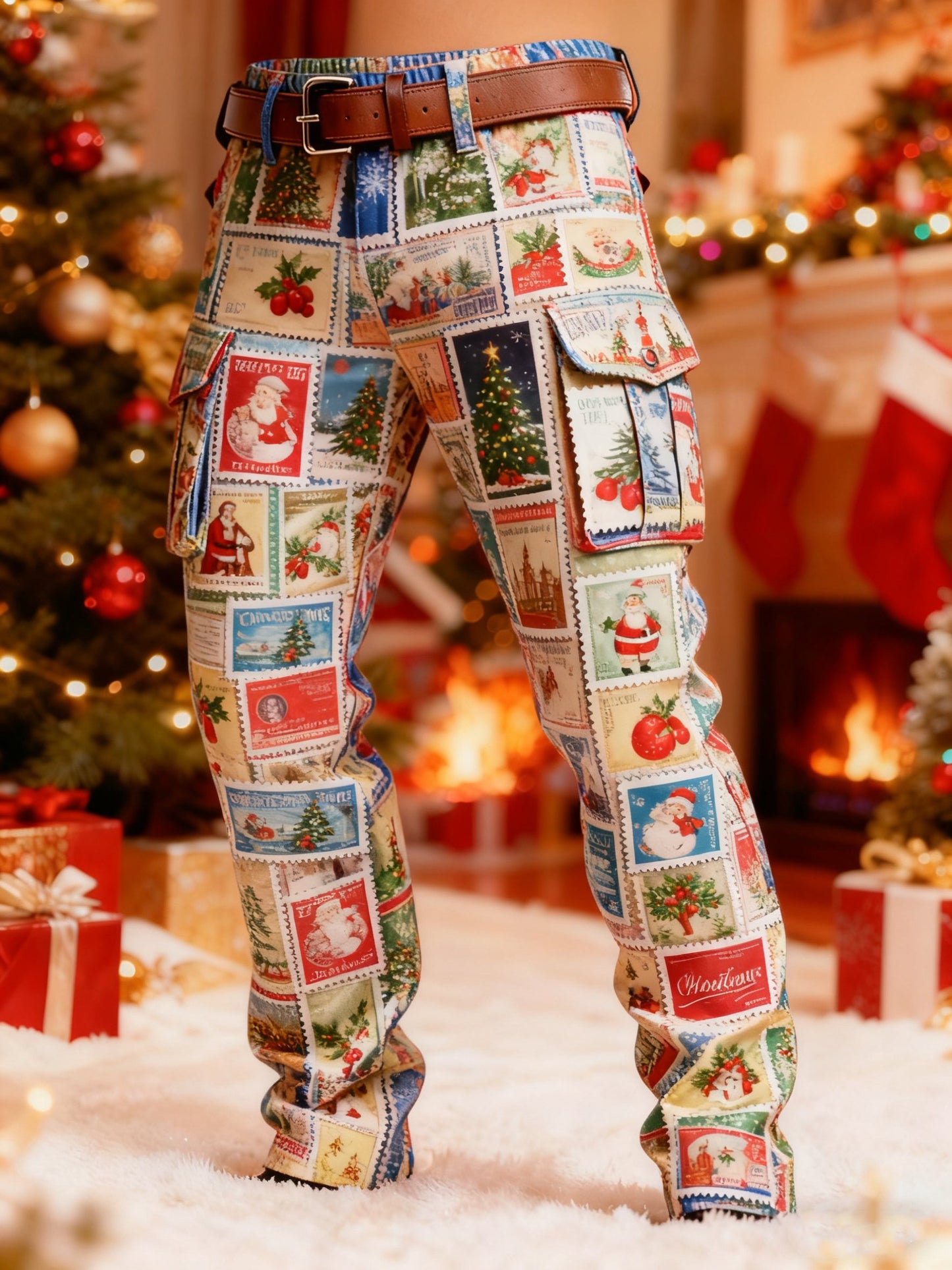 Men's Christmas Bells Holly Berries Candy Cane Plaid Printed Cargo Pants