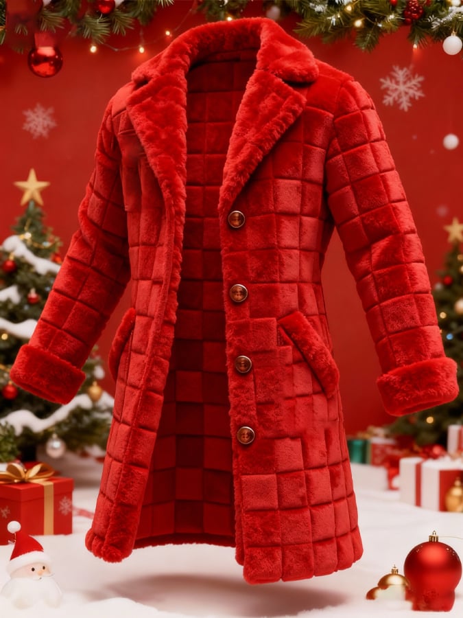 Men's Casual 3D Textured Plush Fabric Warm Christmas Long Coat