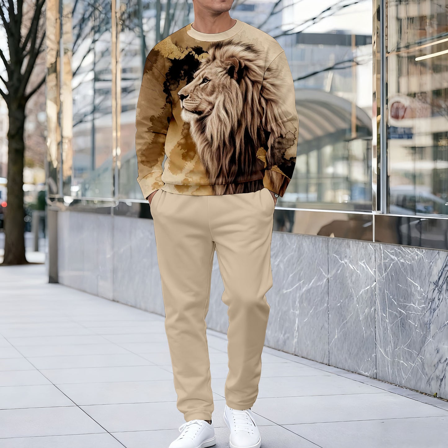 Men's Casual Lion Printed Round Neck Long-Sleeve Sweatshirt & Pants Two-Piece Set