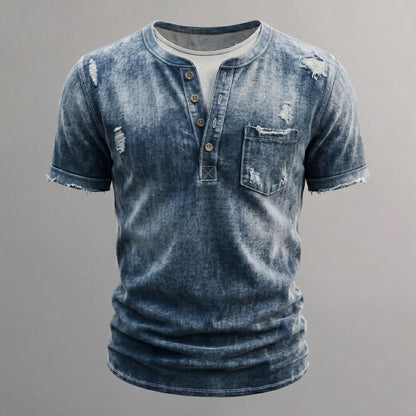 Men's Retro Distressed Washed Denim Ripped Raw-Edge Patch Pocket Henley Shirt